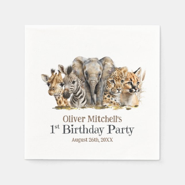 African Safari Animals 1st Birthday Party Napkin (Front)