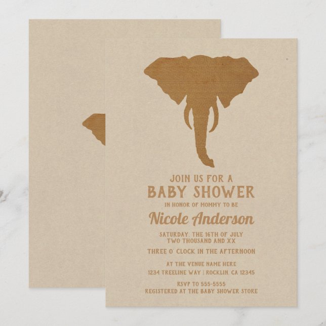 African Safari Brown Elephant Vintage Baby Shower Invitation (Front/Back)