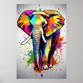 African Safari Elephant Art, Rainbow Painting Poster