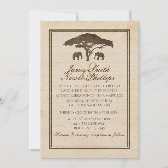 African Safari Elephants & Tree Vintage Wedding Invitation (Front)