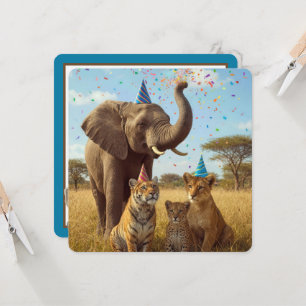 African Safari Part Animals with Hats and Confetti Invitation