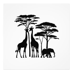African Safari Silhouette - Giraffes, Elephant, an Photo Print