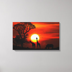African Safari Sunset Animal Silhouettes Canvas Print