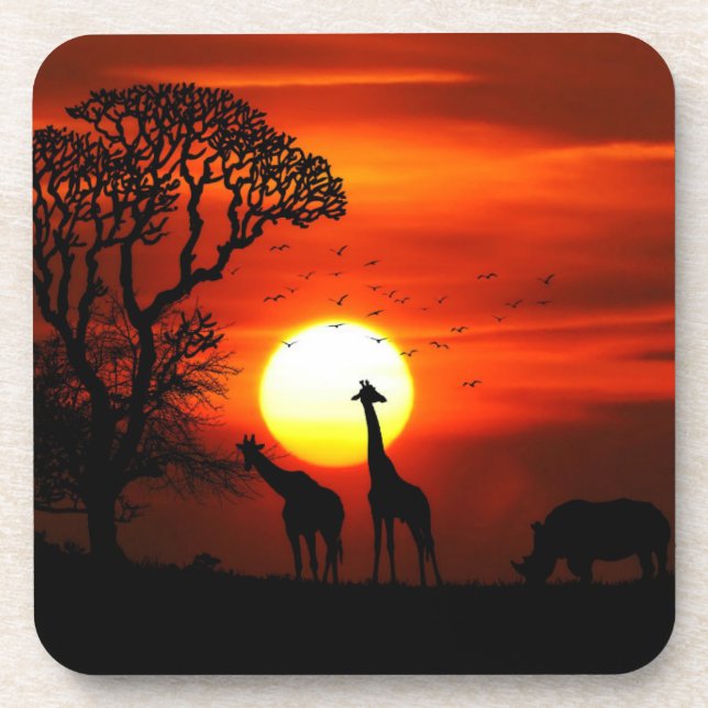 African Safari Sunset Animal Silhouettes Coaster (Front)