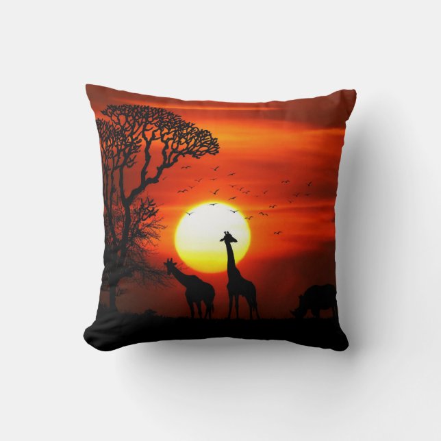 African Safari Sunset Animal Silhouettes Cushion (Front)