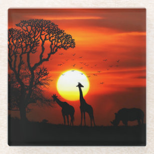 African Safari Sunset Animal Silhouettes Glass Coaster