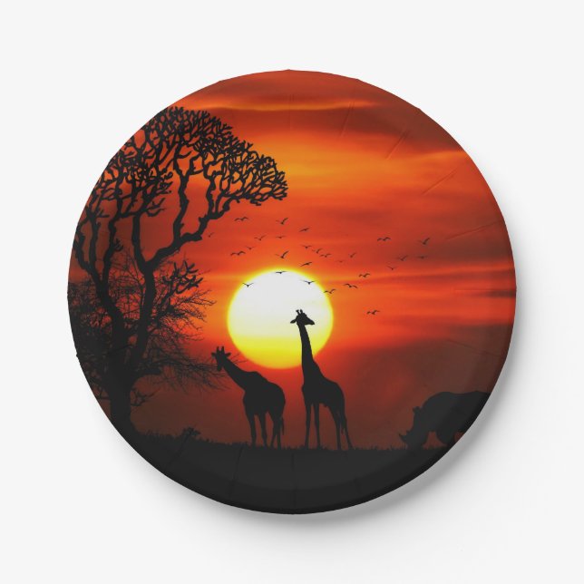 African Safari Sunset Animal Silhouettes Paper Plate (Front)