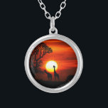 African Safari Sunset Animal Silhouettes Silver Plated Necklace<br><div class="desc">Stunning back lit photo composition of giraffes and rhino silhouetted against the setting sun.</div>