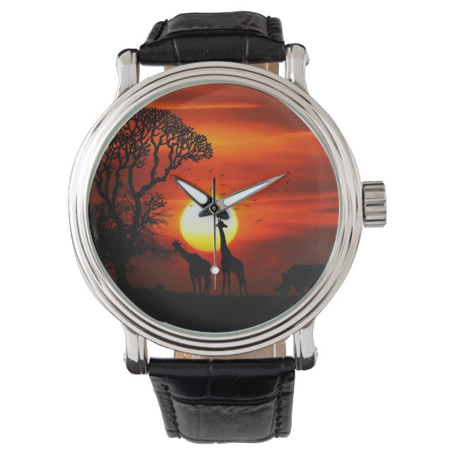 African Safari Sunset Animal Silhouettes Watch (Front)