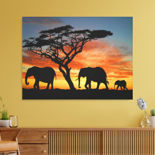 African Safari Sunset Elephant Silhouette Art Canvas Print