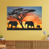 African Safari Sunset Elephant Silhouette Art