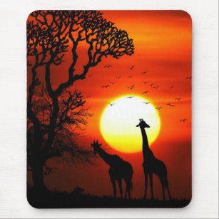 African Safari Sunset Giraffe Silhouettes Mouse Pad