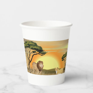 African Safari Sunset Lion and Lioness Paper Cups