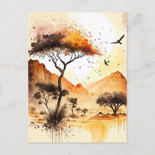 African Safari Sunset Watercolor with Acacia Tree  Postcard