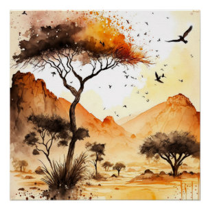 African Safari Sunset Watercolor with Acacia Tree  Poster