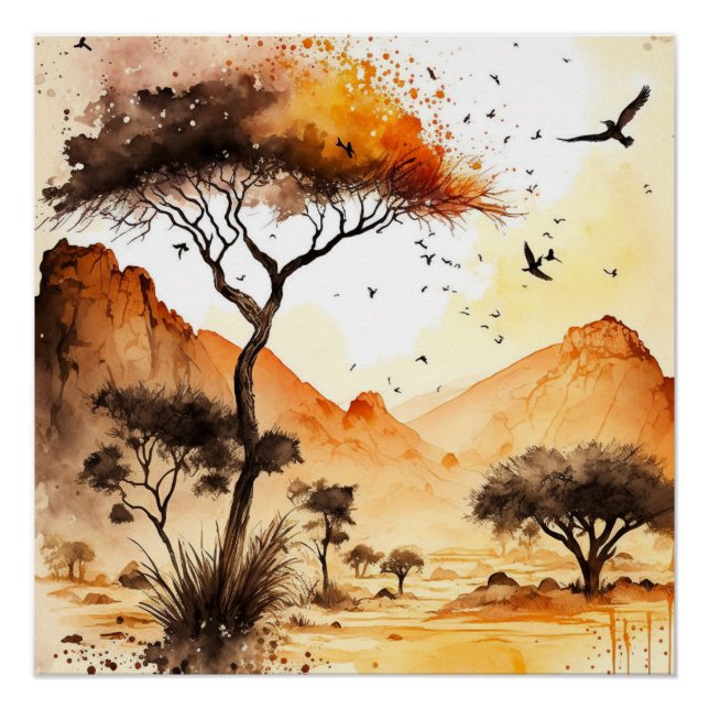 African Safari Sunset Watercolor with Acacia Tree  Poster (Front)