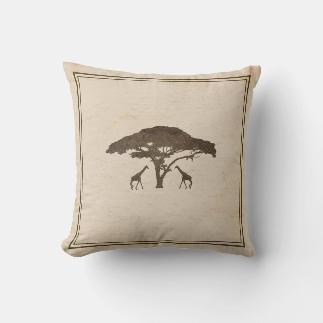 African Safari Two Giraffes & Tree Vintage Jungle Cushion (Front)