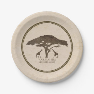 African Safari Two Giraffes & Tree Vintage Wedding Paper Plate