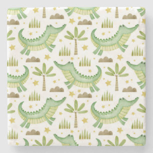 African Safari: Watercolor Crocodile & Palm Trees Stone Coaster
