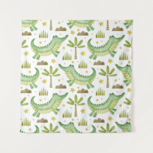 African Safari: Watercolor Crocodile & Palm Trees Tapestry