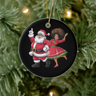 African Santa Mrs Claus Dancing American Christmas Ceramic Tree Decoration