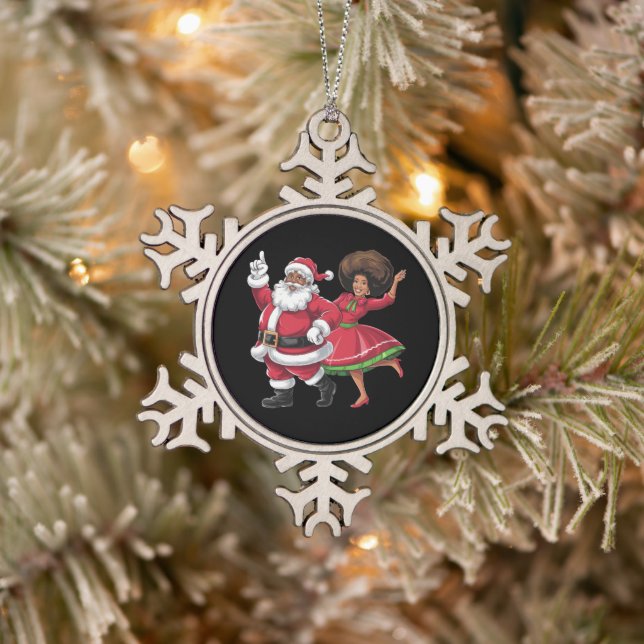 African Santa Mrs Claus Dancing American Christmas Snowflake Pewter Christmas Ornament (Tree)