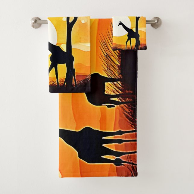 African Savannah Sunset Giraffe Scene Bath Towel Set (Insitu)