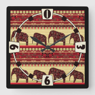 African seamless ethno traditional elephant triabl square wall clock