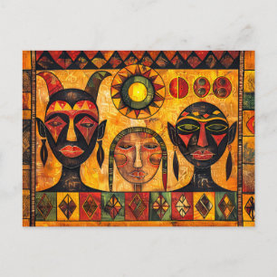 African sun and masks in tribal painting holiday postcard