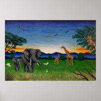 “African Sunset” Elephant Giraffe Art Poster Print