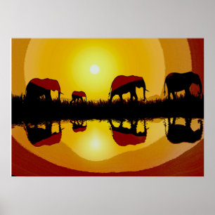 African Sunset Elephants  Poster