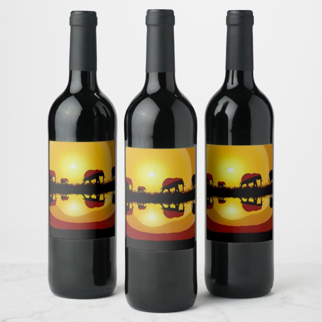 African Sunset Elephants Wine Label (Bottles)
