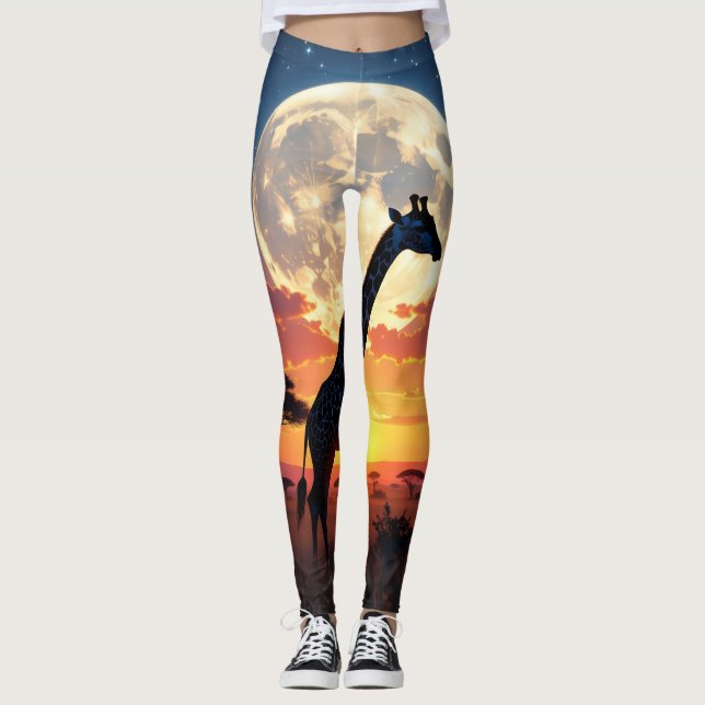 African Sunset Moon Giraffe Leggings | Tights (Front)