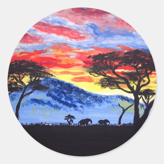 African Sunset Safari Animal Silhouette Painting Classic Round Sticker (Front)