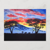 African Sunset Safari Animal Silhouette Painting