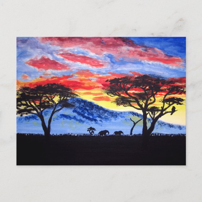 African Sunset Safari Animal Silhouette Painting Postcard (Front)