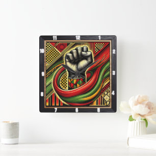 African-Themed Fist Symbol Vibrant Colours Square Wall Clock