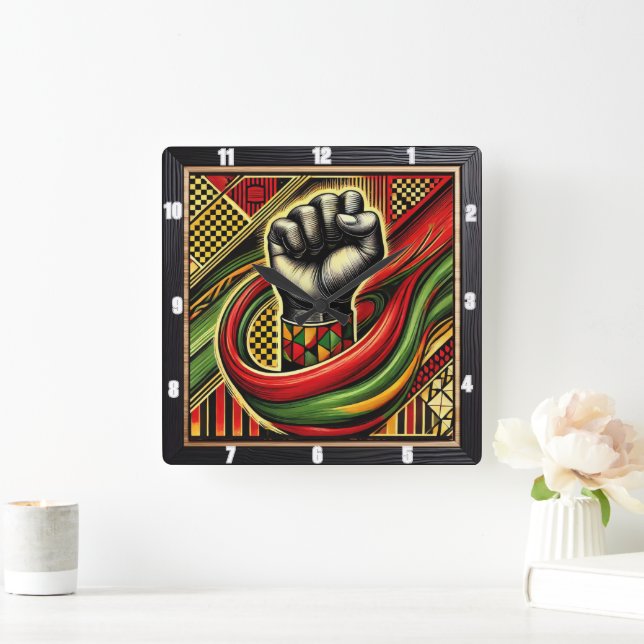 African-Themed Fist Symbol Vibrant Colours Square Wall Clock (Home)