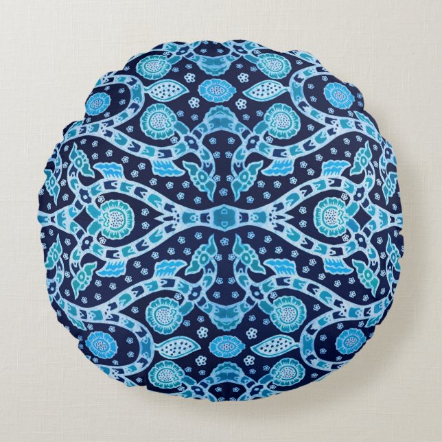 African Tribal Batik Blue Round Cushion (Front)