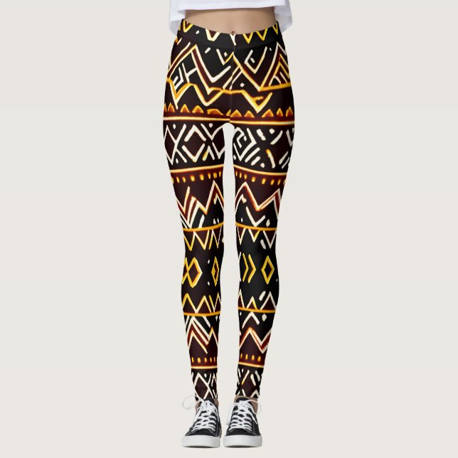 African Tribal Edging Yellow Isometric Pattern Leggings (Front)