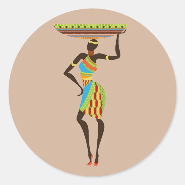 African Tribal Lady with basket tribal art Classic Round Sticker (Front)