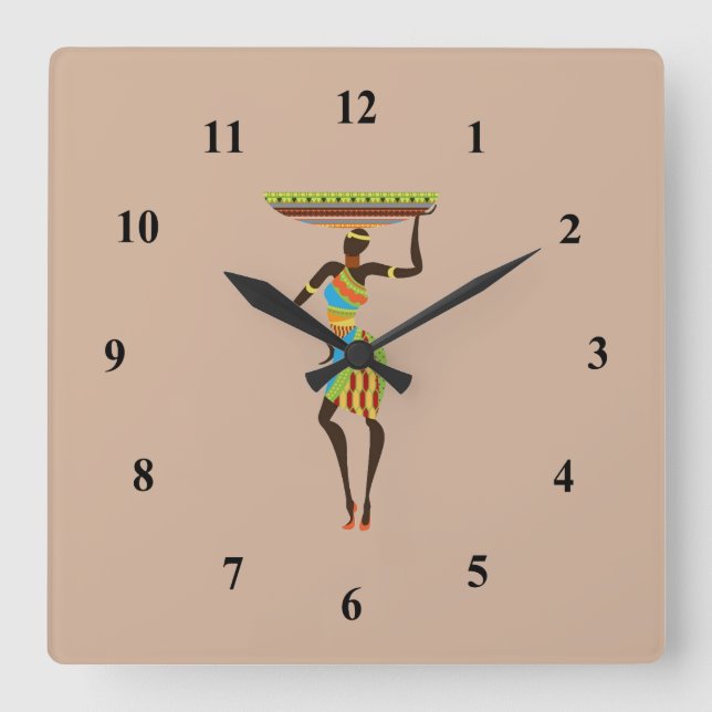 African Tribal Lady with basket tribal art Square Wall Clock (Front)