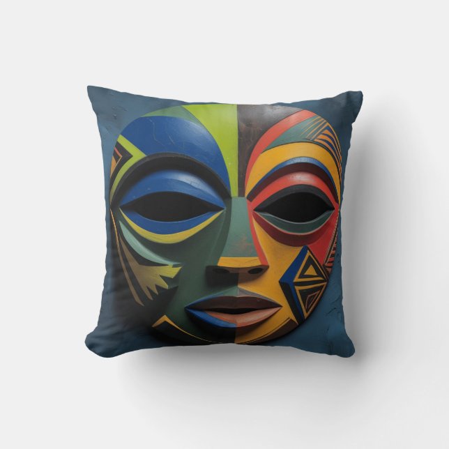 African Tribal Mask Cubism Abstract Cushion (Front)