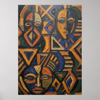 African Tribal Mask Geometric Bold Orange Blue Art Poster