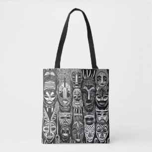 African Tribal Masks Black White Tote