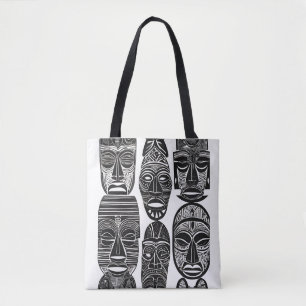 African Tribal Masks Black White Tote