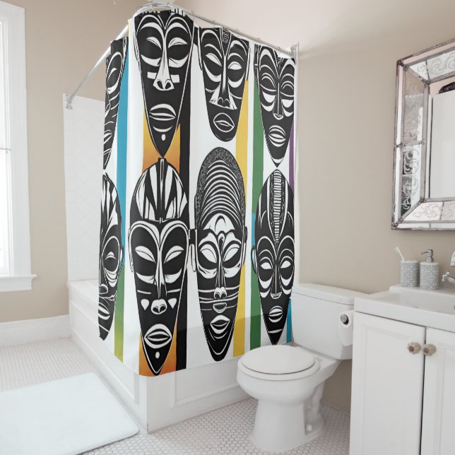 African Tribal Masks Colourful Stripes Shower Curtain (In Situ)