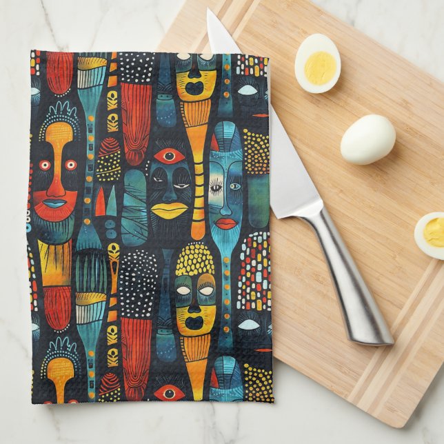 African tribal pattern with idols. tea towel (Quarter Fold)