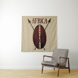 African tribal shield spear afro art tapestry