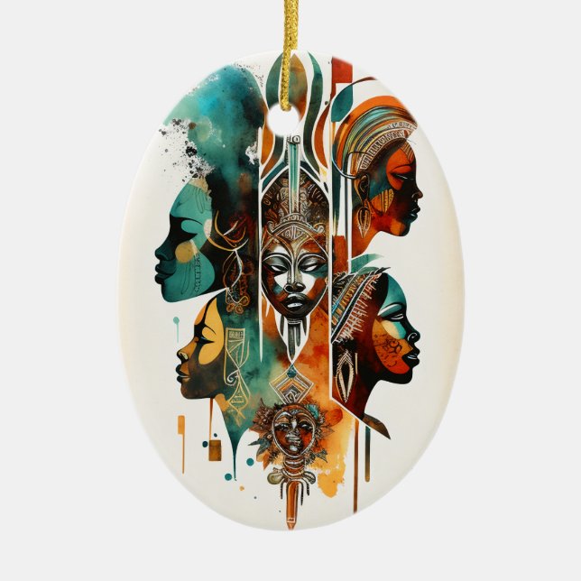 African Tribal Women Painting, Contemporary Art Ceramic Tree Decoration (Front)